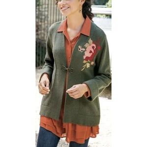 NEW Soft Surroundings Olive Cardigan with Pink Floral Embroidery, Size Small.